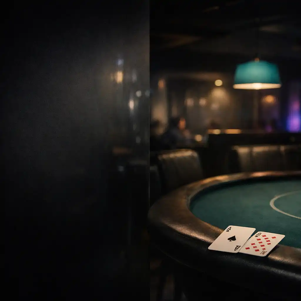 Dark Card Lounge interior with a felt poker table, low lamp and lounge seating