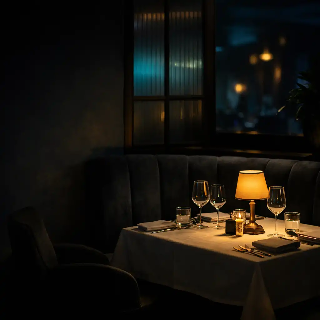 Warmly lit restaurant dining corner within the dark venue