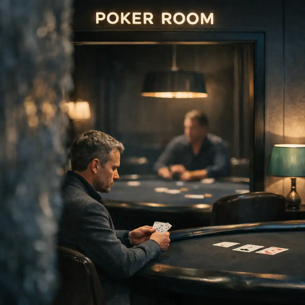 View from the Card Lounge toward a softly lit physical poker room and felt table