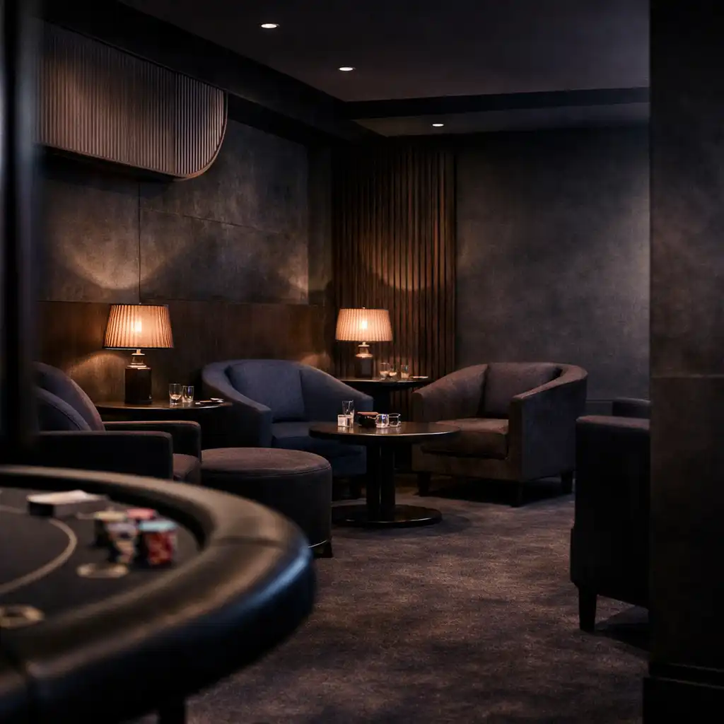 A refined, low-lit card lounge interior with seating and a nearby table edge