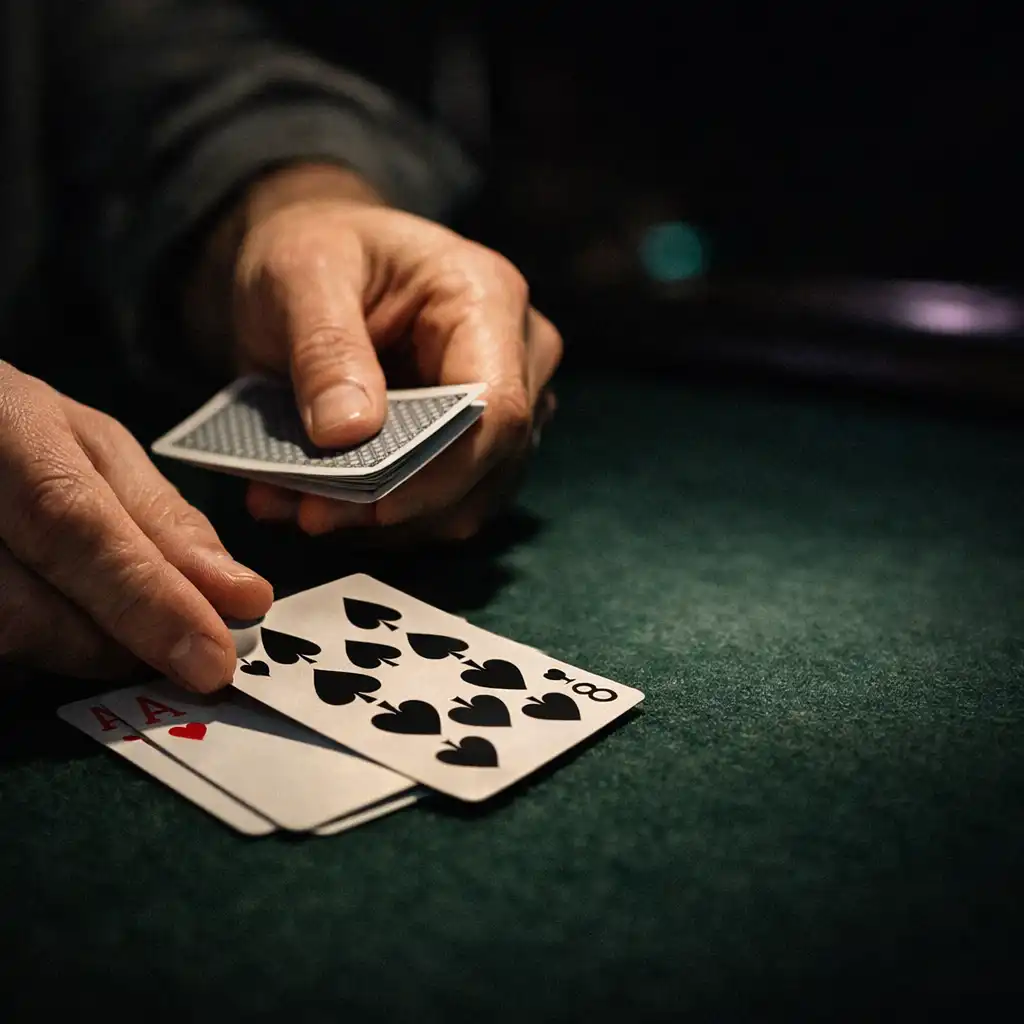 Adult hands placing real playing cards on a dark felt poker table