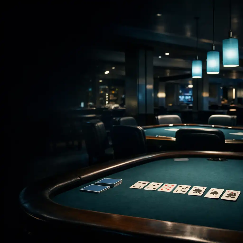 A felt poker table, empty chairs and pendant lamps inside Card Chateau Esperance's low-lit poker room.
