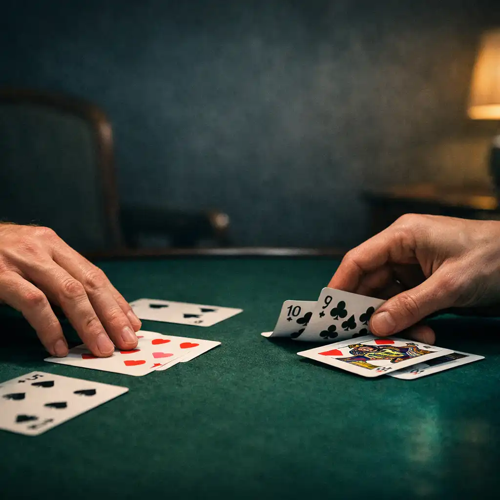 Hands arranging real playing cards on a dark felt poker table in a refined room.