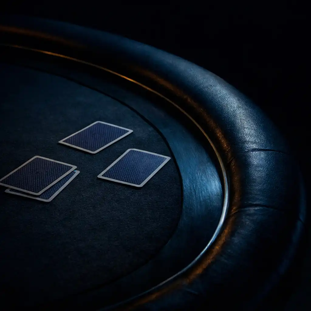 Close detail of real cards on dark felt at a physical poker table