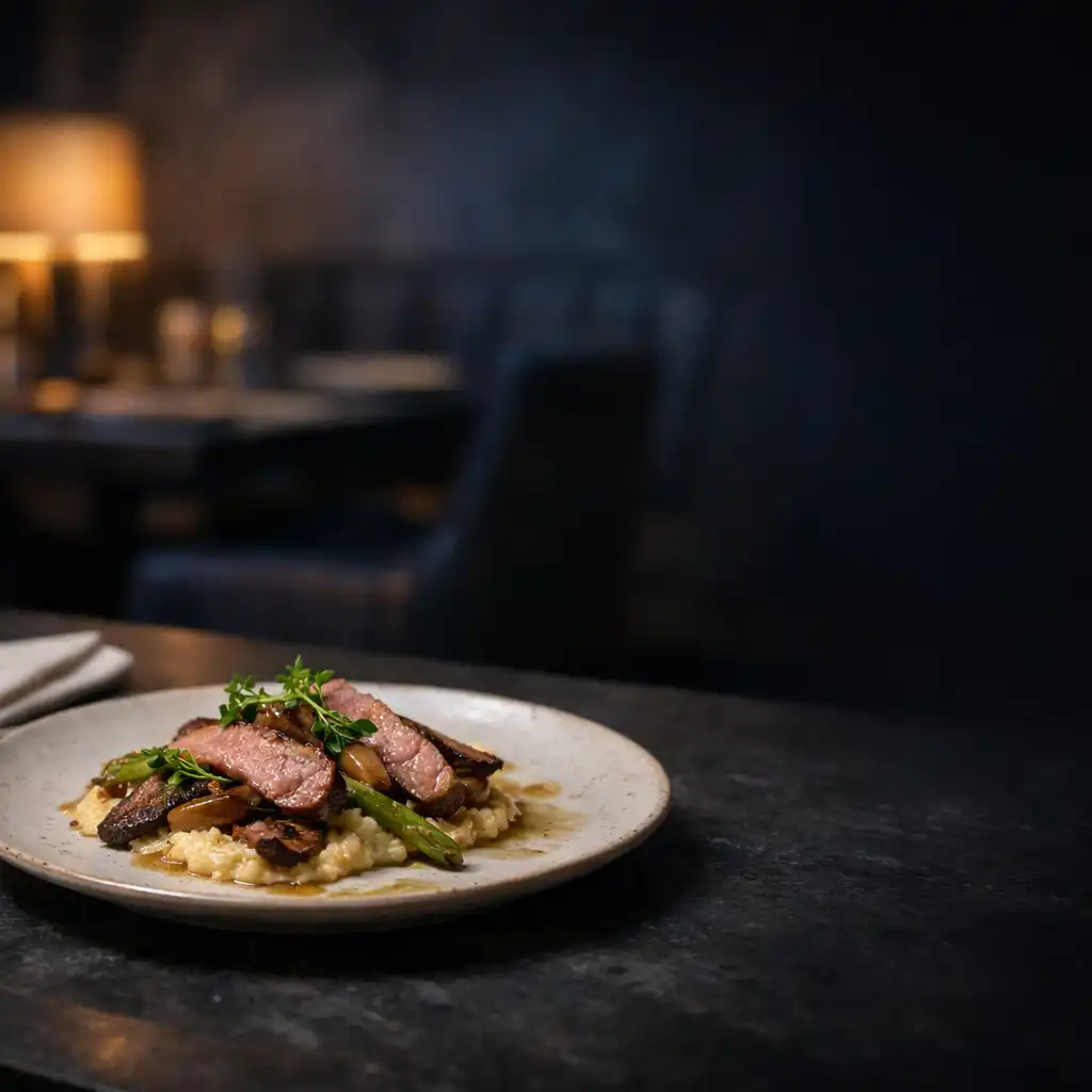 A restaurant dish on a dark table within the venue