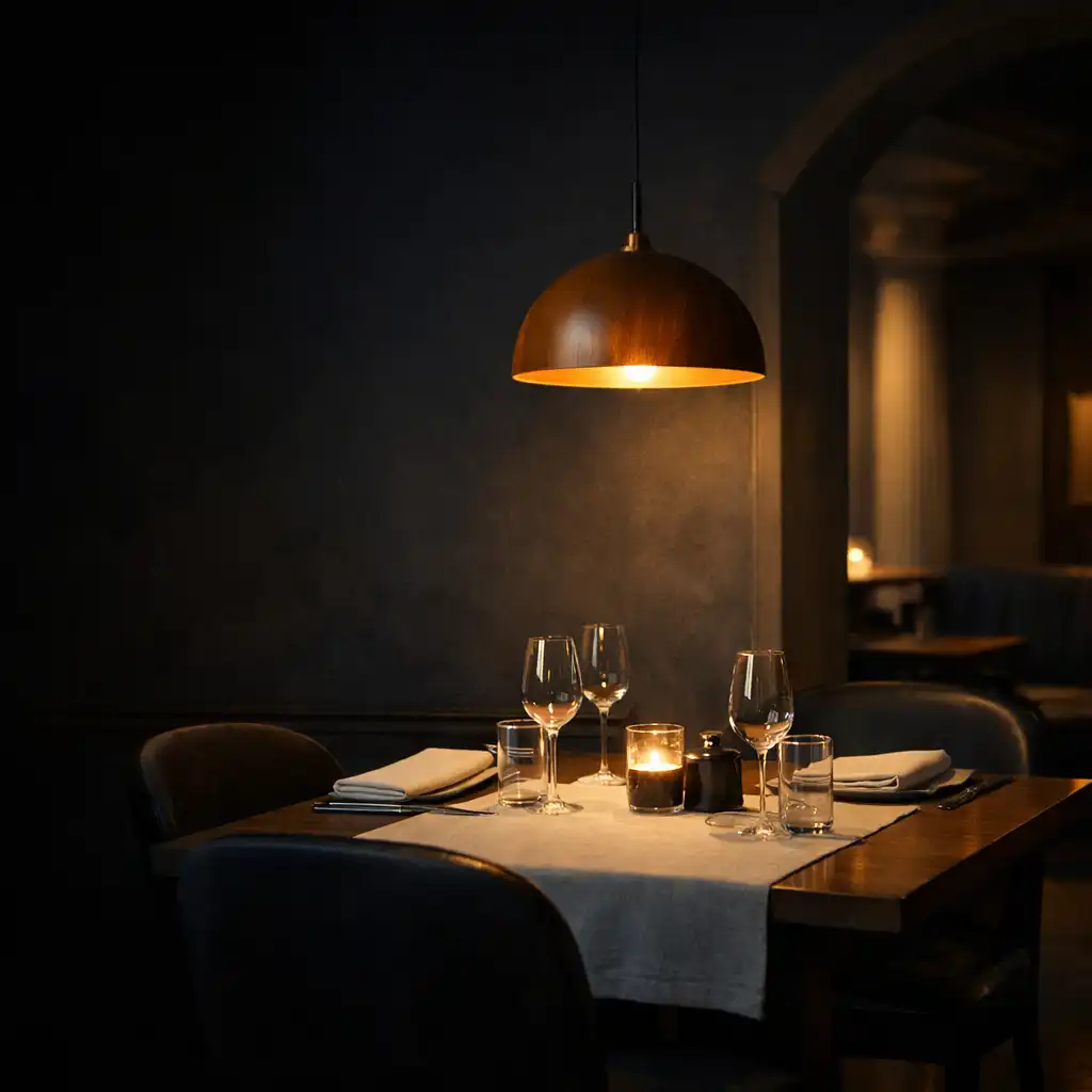 Warmly lit restaurant dining table in a dark premium venue interior