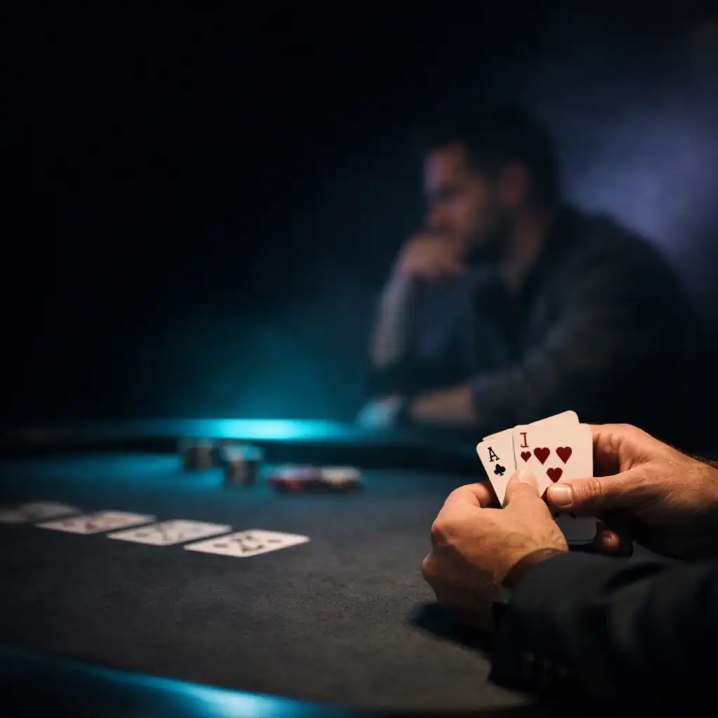 Adult hands holding real playing cards above a dark felt poker table