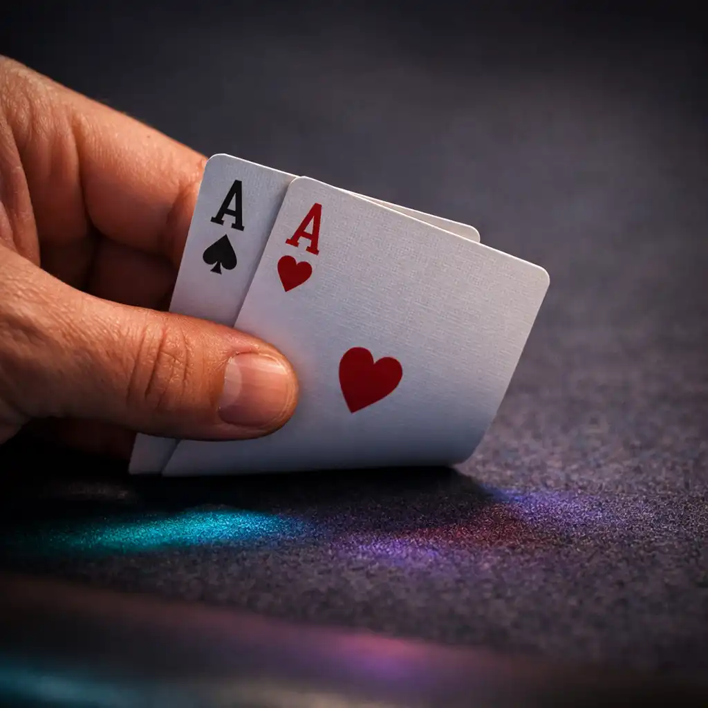 Real playing cards in an adult hand above textured dark felt