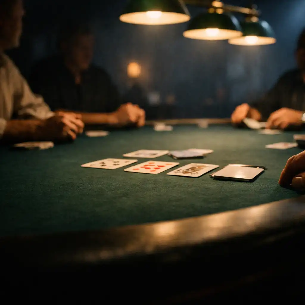 Focused poker table with real cards and adult guests around the felt