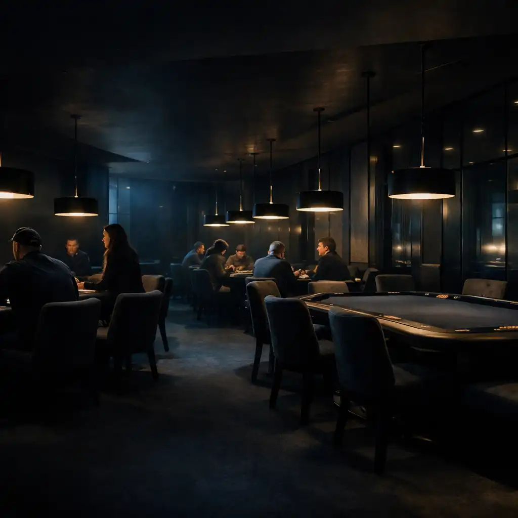 Wide view of Card Chateau Esperance’s dedicated poker room with low lamps and physical poker tables after dark