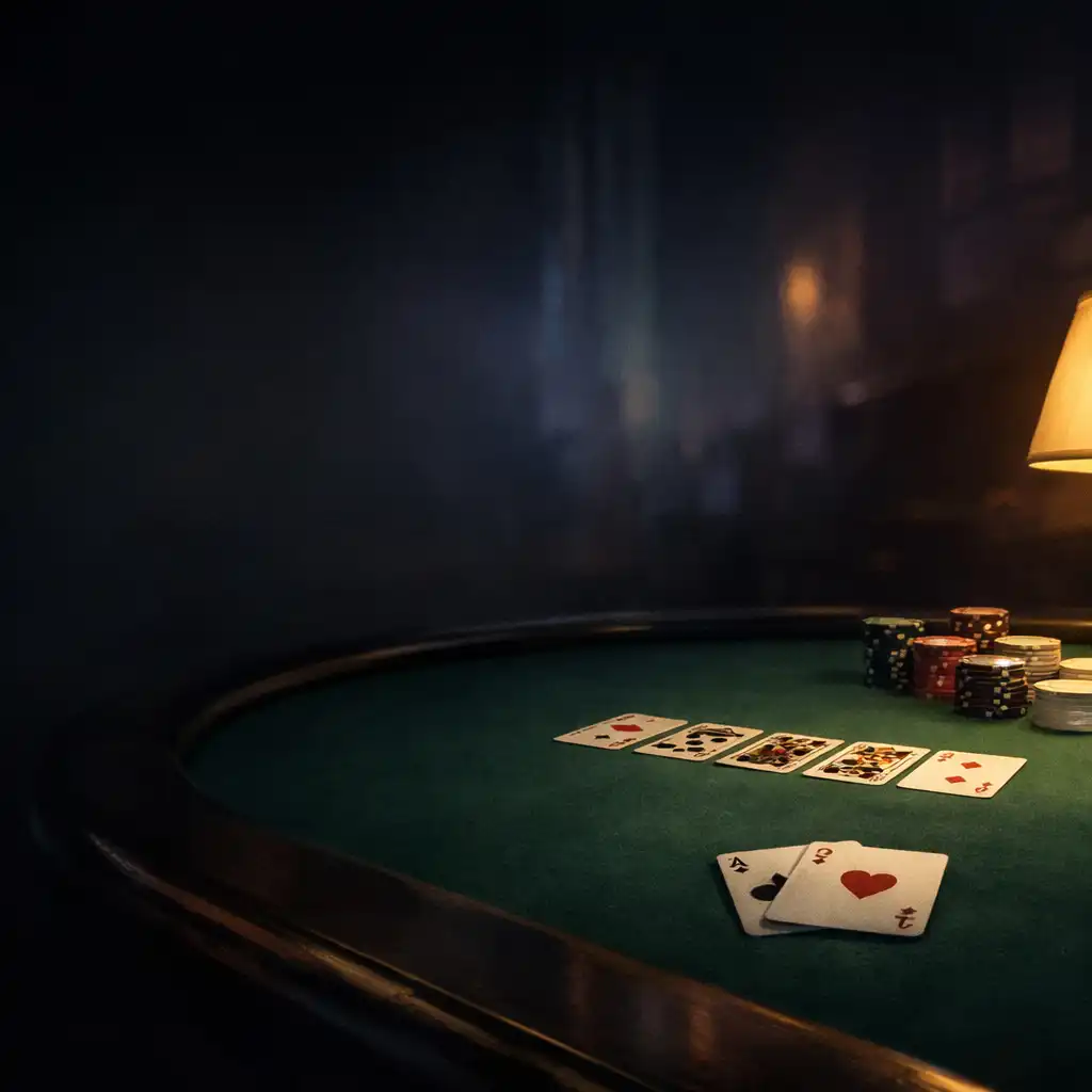 Prepared physical poker table with real cards on dark felt under a warm lamp