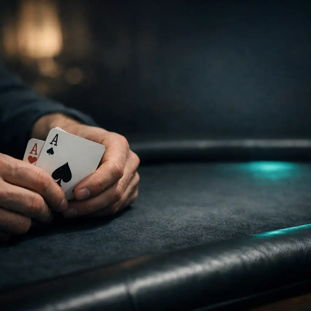 Adult hands holding real playing cards over textured dark felt at a physical poker table