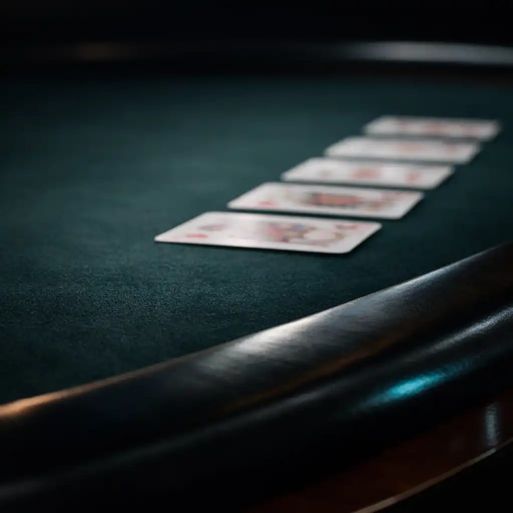 Textured dark felt, real cards and a polished rail on a physical poker table