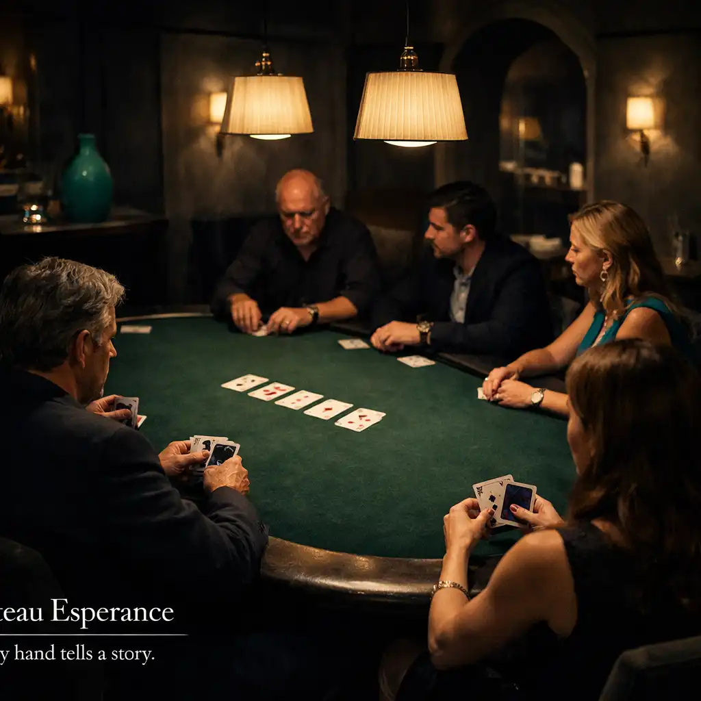 Dim dedicated poker room with adult guests around a real felt table