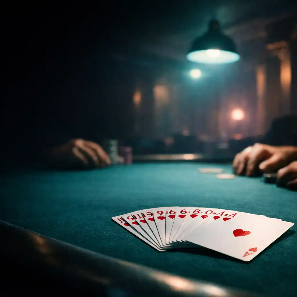 Real playing cards and adult hands at a softly lit felt poker table