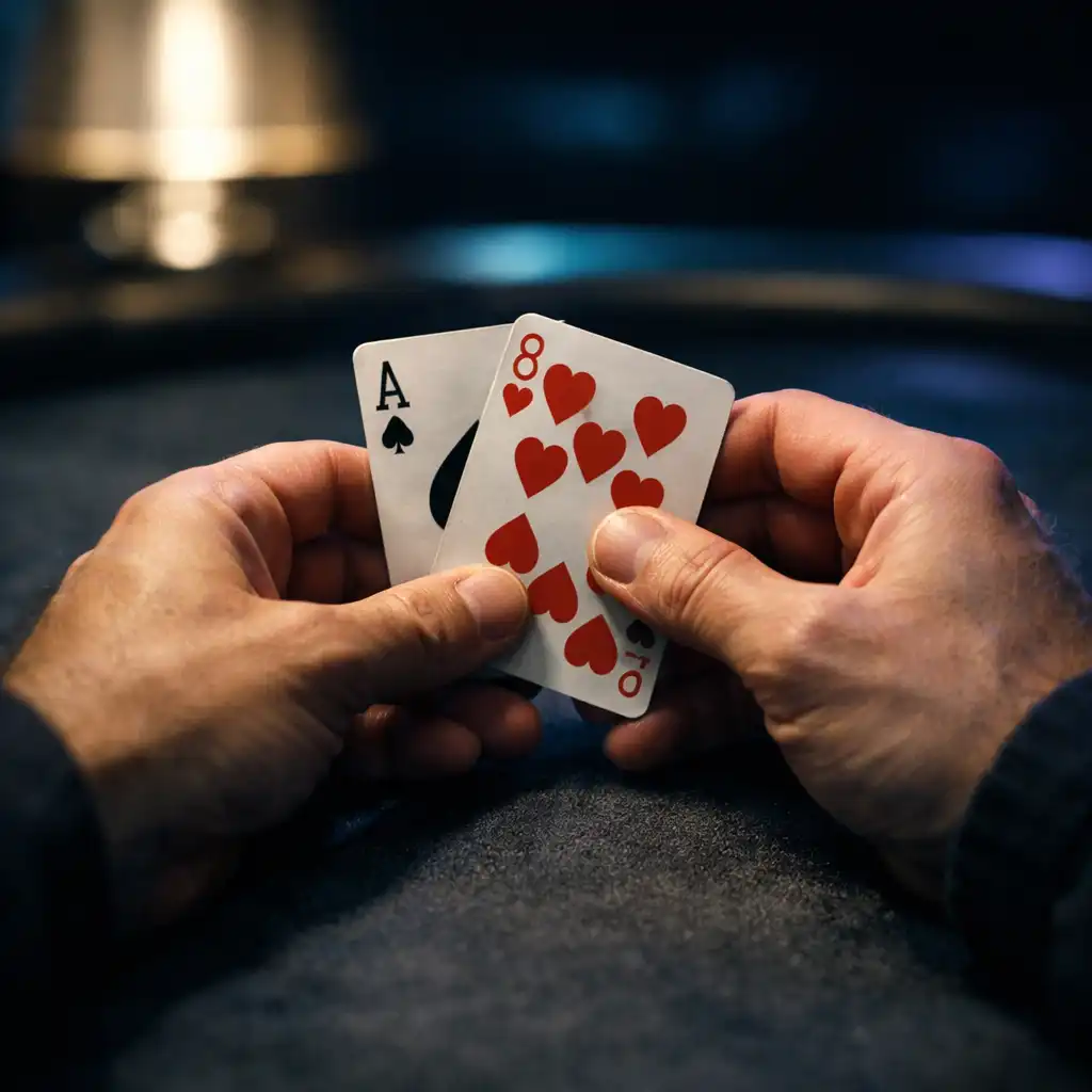 Adult hands holding real playing cards above charcoal felt
