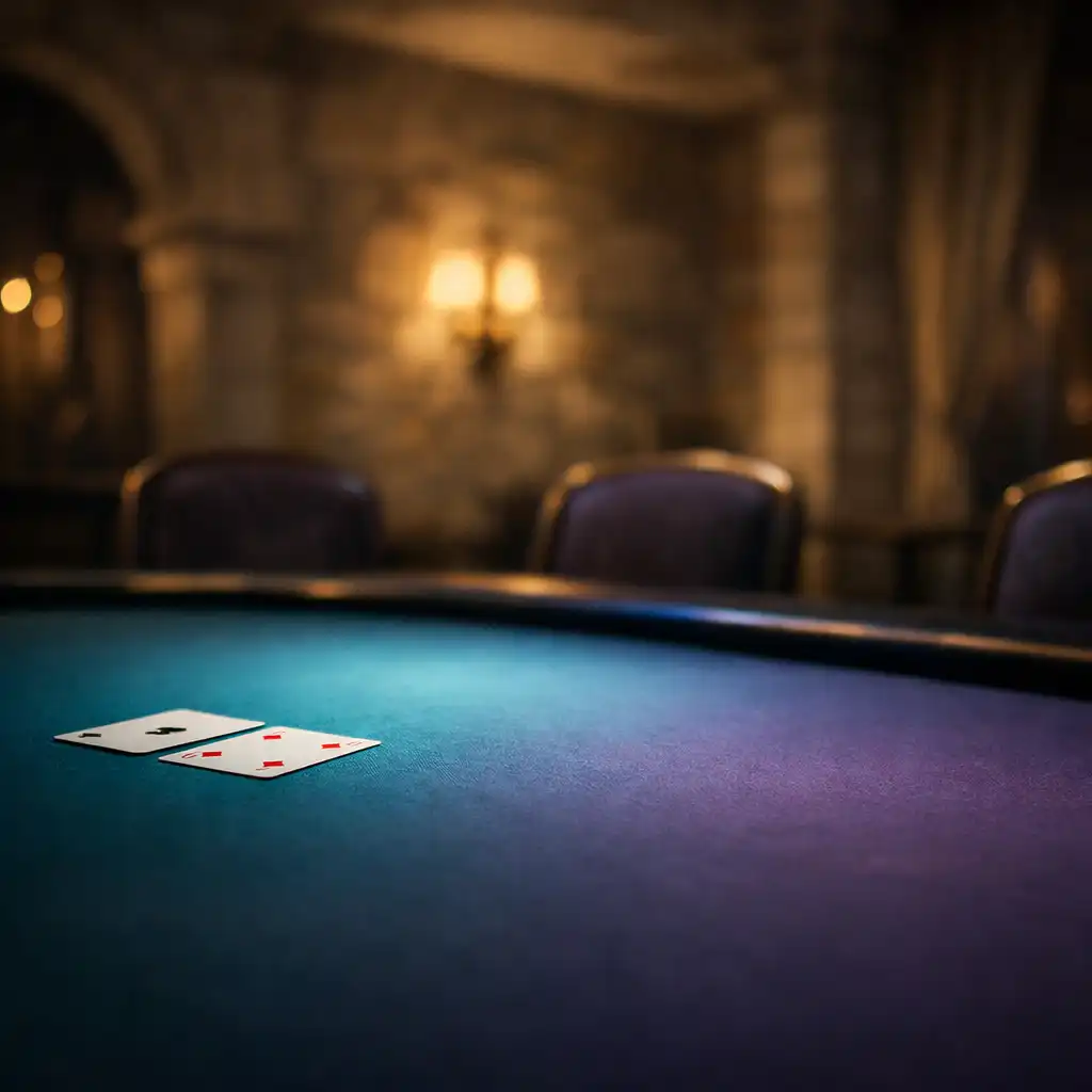 Wide view across a cool felt poker table with upholstered chairs and dim room architecture