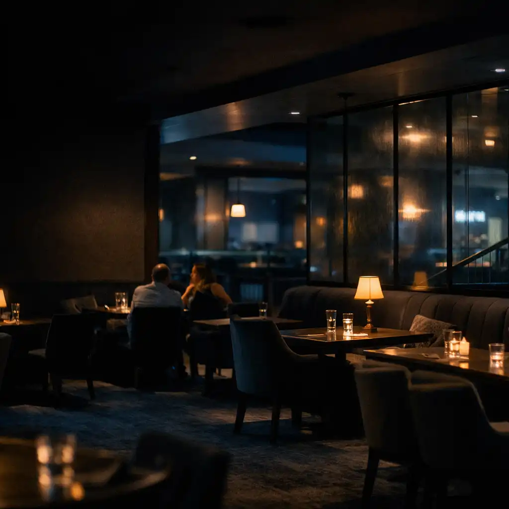 Refined dim restaurant area with warm lamps, dark seating and smoked glass