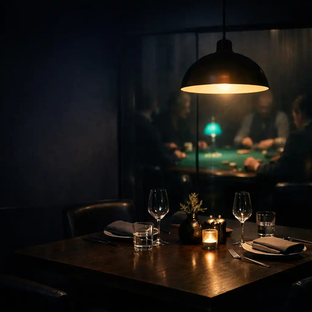 Dimly lit dining table with a pendant lamp and a distant felt table within Card Chateau Esperance